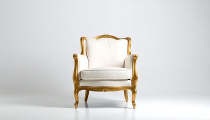 A lavish, gold-framed armchair, elegantly positioned against a plain white backdrop, exudes a sense of timeless luxury.