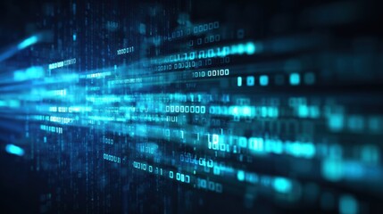 Glowing blue data streams move swiftly through a digital landscape, creating a vibrant, futuristic atmosphere. The scene evokes feelings of speed and connectivity in a tech-driven world.