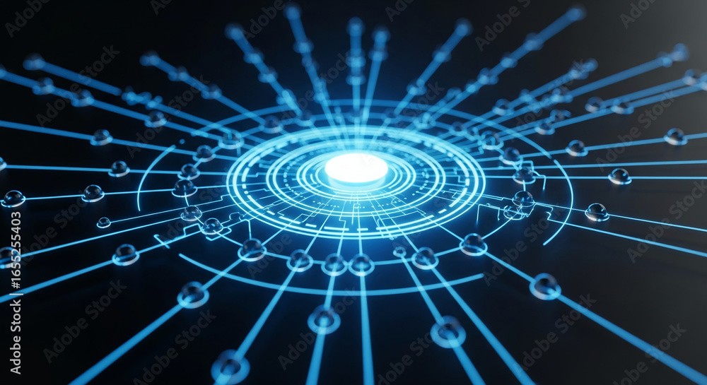 Poster abstract digital network graphic, glowing blue lines and spheres forming a circular pattern, symboli