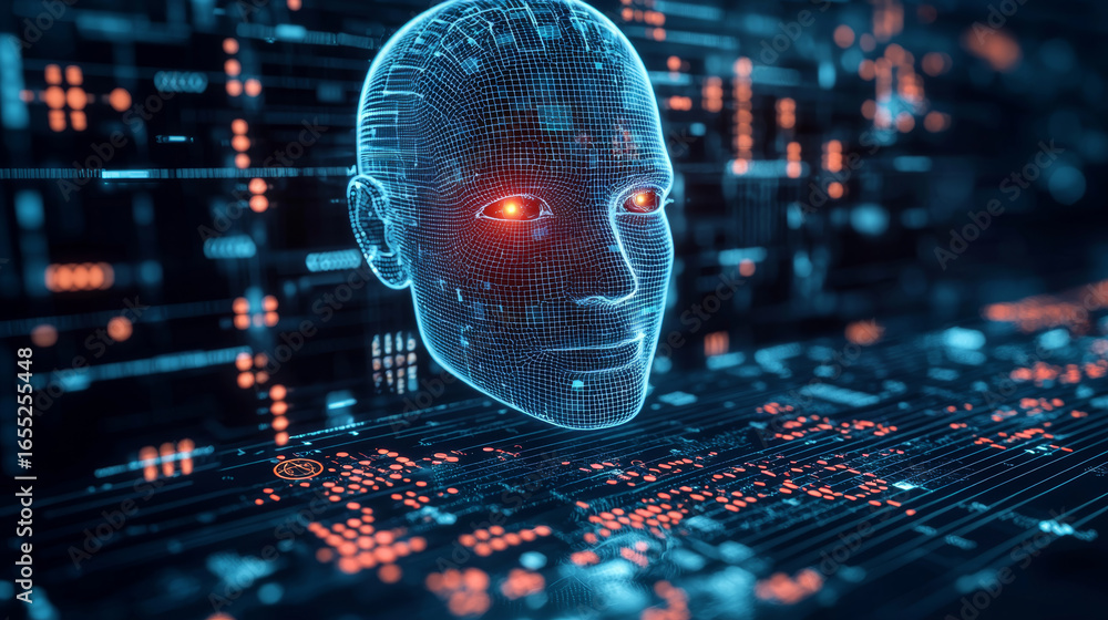 Aufkleber digital identity verification process featuring high tech holographic head with glowing eyes, surrou