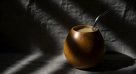 A Gothic interpretation of Butter tea in a gourd with metal straw in a cold Mongolian yurt. Textured background (fabric) and shadows playing on surfaces evoke a melancholic and mystical mood
