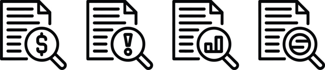 Fototapeta premium Document analysis business finance report audit data search magnifying glass icon vector illustration silhouette