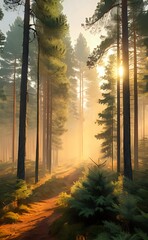 Golden Sunbeams Pierce Through a Misty Pine Forest Path at Dawn.