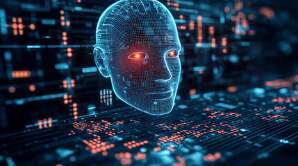 Digital identity verification process featuring high tech holographic head with glowing eyes, surrounded by data streams and circuits, conveying advanced technology and innovation