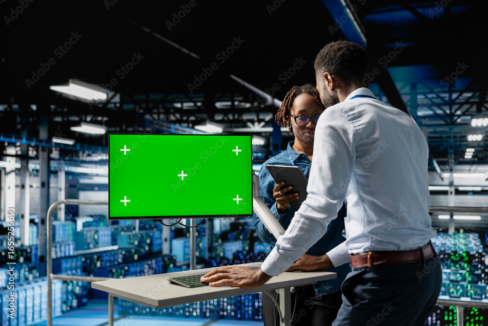 Poster black engineers monitoring neural network using green screen on pc, reviewing llm visualization. ser