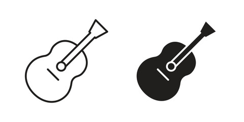 Acoustic Guitar Icons in Line and Solid Styles, Isolated on White Background