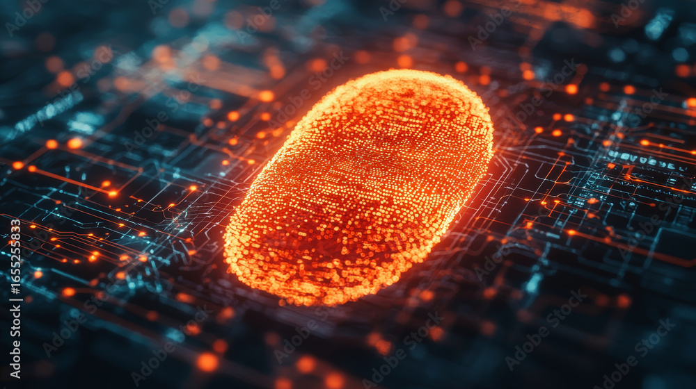 Poster high tech digital identity verification process featuring glowing fingerprint circuit board backgrou