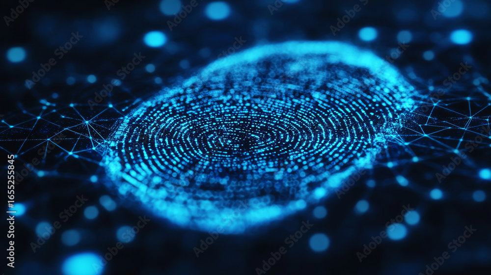 Poster high tech digital fingerprint representation showcasing intricate patterns and glowing blue lines ag