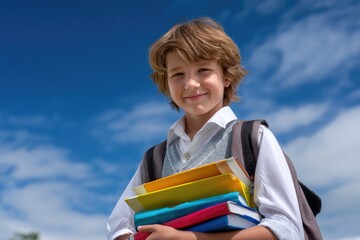 Young student boy smiling brightly, holding a stack of vibrant school books under a clear blue sky, embracing the beginning of the academic year and the exciting day for learning and education.