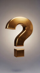 Gold question mark, 3D render, metallic texture, symbolizes inquiry, uncertainty, or problem-solving, suitable for website banner or background