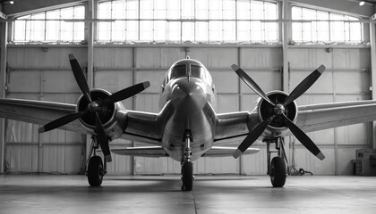Vintage twin-engine airplane sits grounded in spacious industrial hangar. Monochrome perspective focuses on aircrafts front, propeller details, sleek metallic texture. Captures sense of aviation