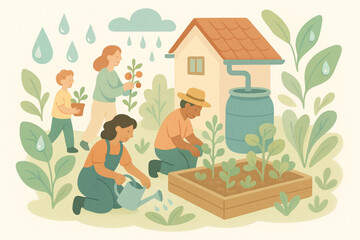 Obraz premium Stylized Flat Vector Illustration of a Community Garden with Rainwater Collection — People Caring for Plants with Water Droplets