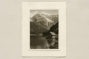 Black and white vintage photo showing boathouse reflecting on alpine lake with snowy mountain in background, mounted on textured handmade paper