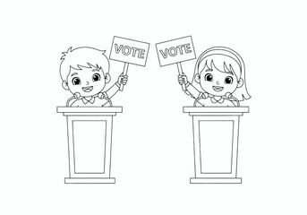 Children Debating and Holding Vote Signs at Podiums Encouraging Civic Engagement and Democratic Participation