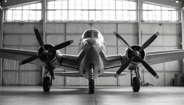 Vintage twin-engine airplane sits grounded in spacious industrial hangar. Monochrome perspective focuses on aircrafts front, propeller details, sleek metallic texture. Captures sense of aviation - Powered by Adobe