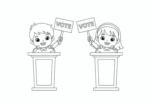 Children Debating and Holding Vote Signs at Podiums Encouraging Civic Engagement and Democratic Participation