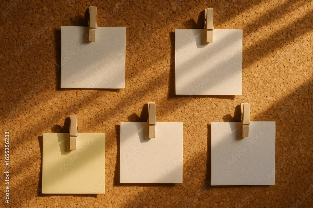 Poster six blank square notes hanging on a cork board under sunlight passing through blinds, creating a war