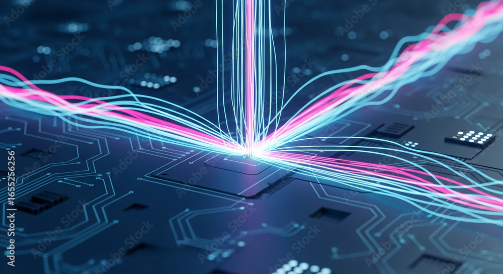 Poster abstract image of glowing pink and blue lines converging on a circuit board, symbolizing data flow, 