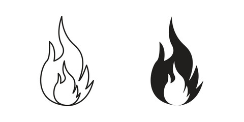 Flame Icons in Line Art and Filled Styles, Isolated on White Background
