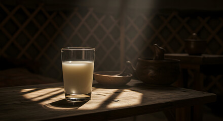 A Gothic interpretation of Kumis in a hand-blown glass in a desolate Mongolian yurt camp. Vintage...
