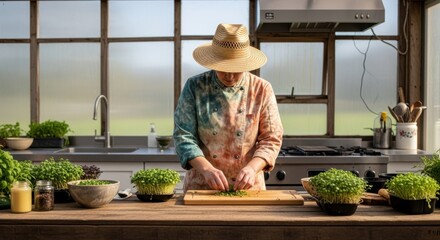 Asian female chef preparing herbs in rustic kitchen with garden views
