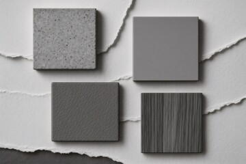 Fototapeta premium Four square material samples featuring wood, stone, leather, and solid colors arranged on a torn paper background, creating a monochrome palette for design concepts