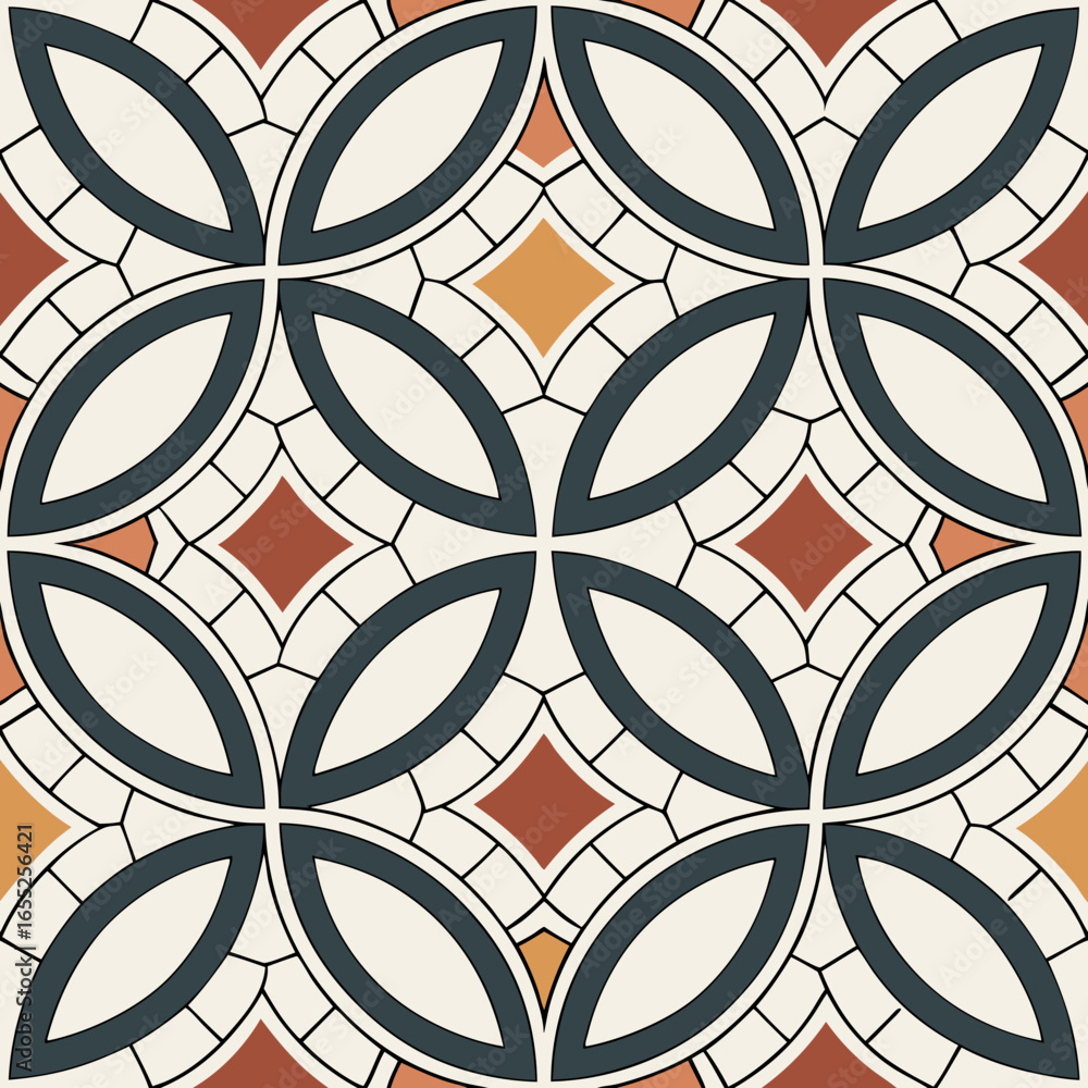 Poster geometric interlocking mosaic tiles seamless vector pattern in warm colors