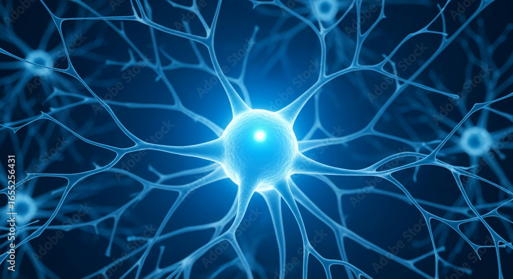 Poster microscopic view of neuron cell, glowing blue, intricate network of dendrites, representing neural c