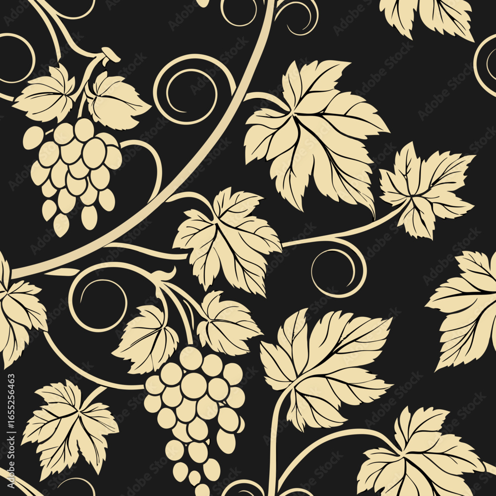Poster opulent seamless vector pattern featuring grapevine leaves and grapes