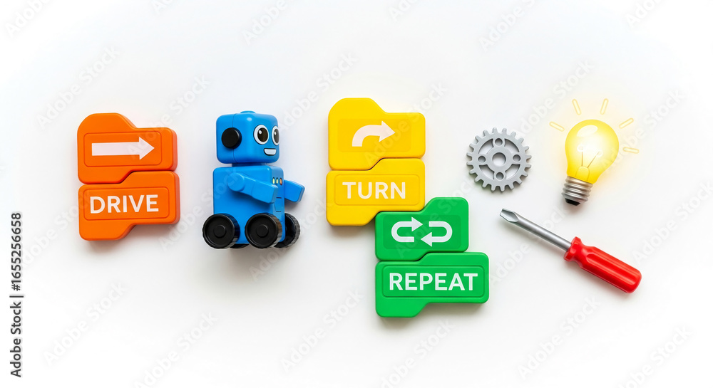 Aufkleber toy robot with colorful command blocks, gear, lightbulb, and screwdriver on white background, showca