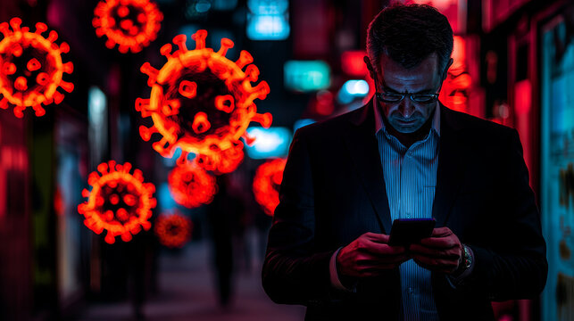 Man in suit is focused on his phone, surrounded by glowing red virus symbols in dimly lit urban environment, creating striking contrast and sense of urgency - Powered by Adobe