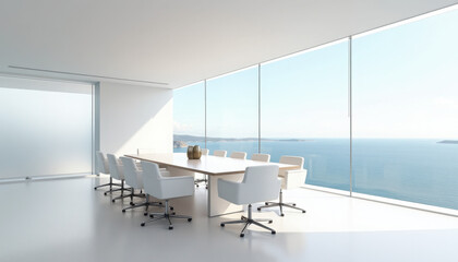 Modern conference room with ocean view, bright natural light, and sleek white furniture for professional meetings