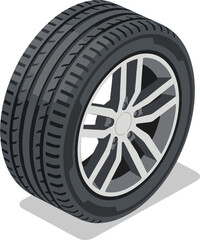 Vector Illustration of Car Tire in 3D Perspective with Soft Shadows and Bold Tread Detailing for Automotive UI