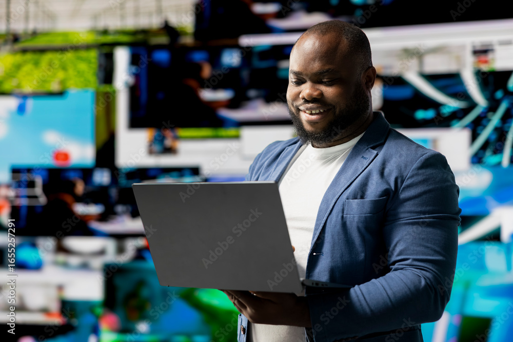 Poster african american user emphasizing visual concept of online communication, connecting to web platform