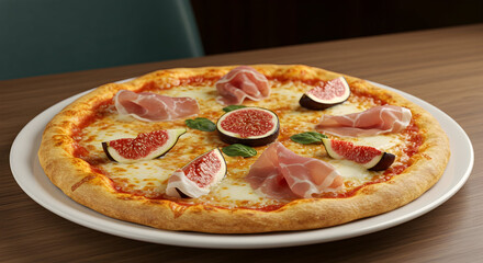 A gourmet pizza with unique toppings like fig and prosciutto, in a modern setting