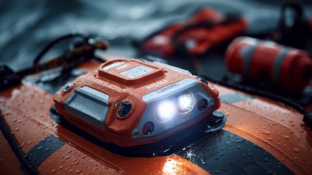Closeup view of an EPIRB with flashing LED lights mounted on the surface of a rugged weatherresistant life raft canister surrounded by safety gear such as flares and first aid supplies.