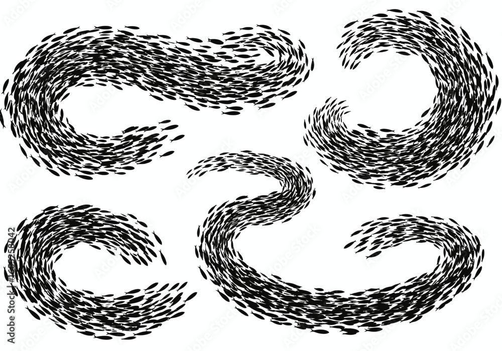 Aufkleber abstract illustration of schools of fish swimming in synchronized swirls and waves on a white backgr