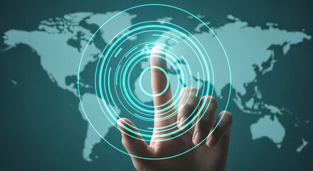Finger interacting with a circular digital interface, global map background, showcasing technology, connectivity, and global reach