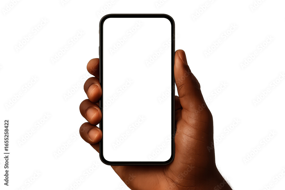 Poster hand holding smartphone with blank screen, isolated object on transparent background.