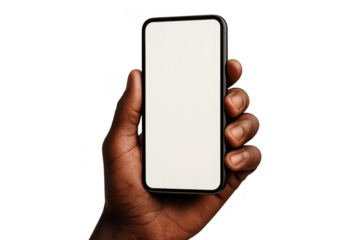 African American hand holding a blank smartphone isolated on transparent background