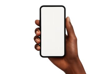 Isolated hand holding smartphone with blank screen, transparent background.