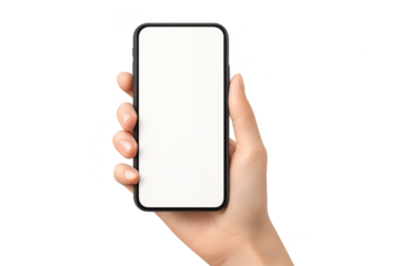 Female hand holding blank screen smartphone, isolated on transparent background