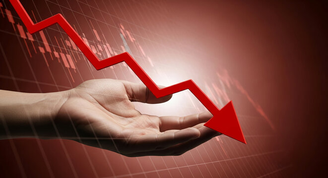 Hand holding a downward red arrow against a stock market graph background, symbolizing economic downturn or market decline, perfect for financial news or investment articles