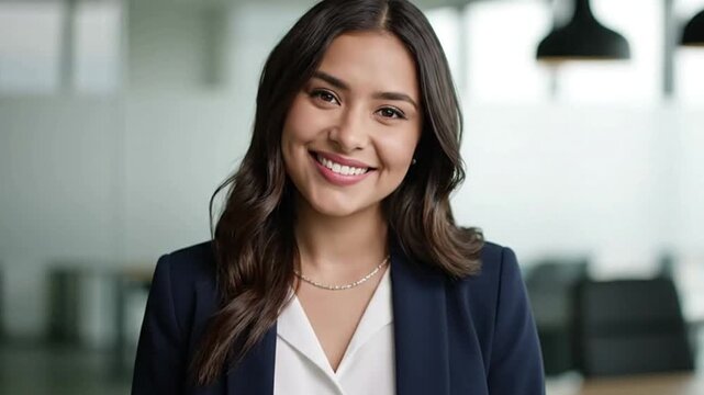 Smiling brunette woman in a blue blazer white blouse and necklace in a business setting - Powered by Adobe