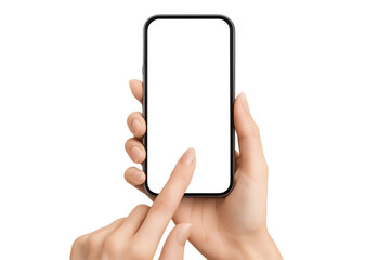 Hands holding a smartphone with blank screen, isolated on transparent background