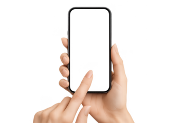 Hands holding a smartphone with blank screen, isolated on transparent background