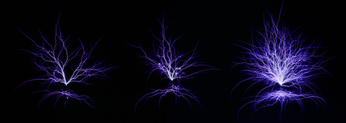 set of bright electric lightning emanates from electric coils in the dark. Electrostatic Discharge...