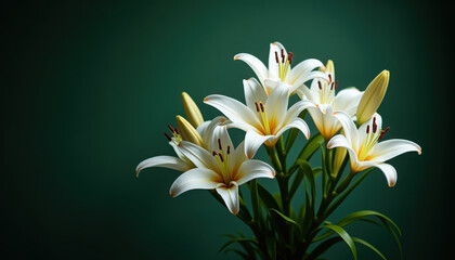 Beautiful white lilies in a serene green setting, showcasing elegance and tranquility in floral arrangement.