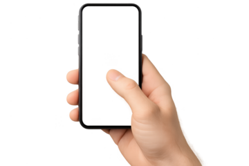 Isolated hand holding smartphone with blank screen on transparent background