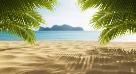 Sandy beach scene framed by palm leaves, ocean and distant islands blurred in background, showcasing free space for text or product placement, ideal for summer or travel advertisement